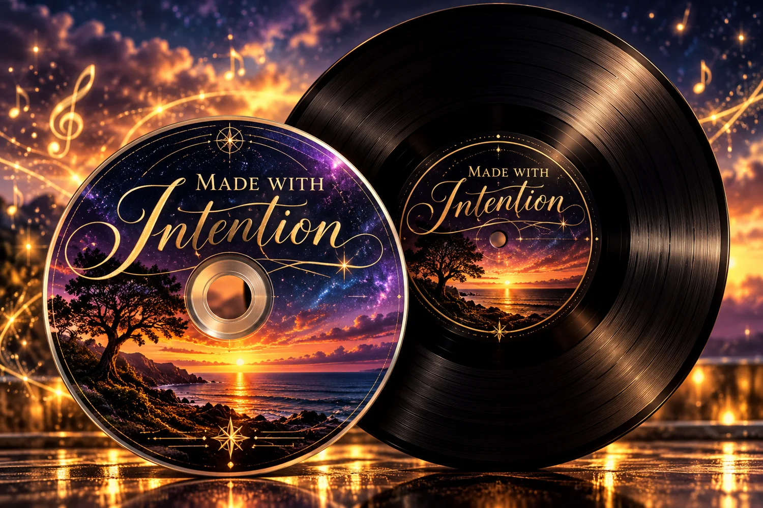 Made with Intention artwork showing a black vinyl record and a matching compact disc