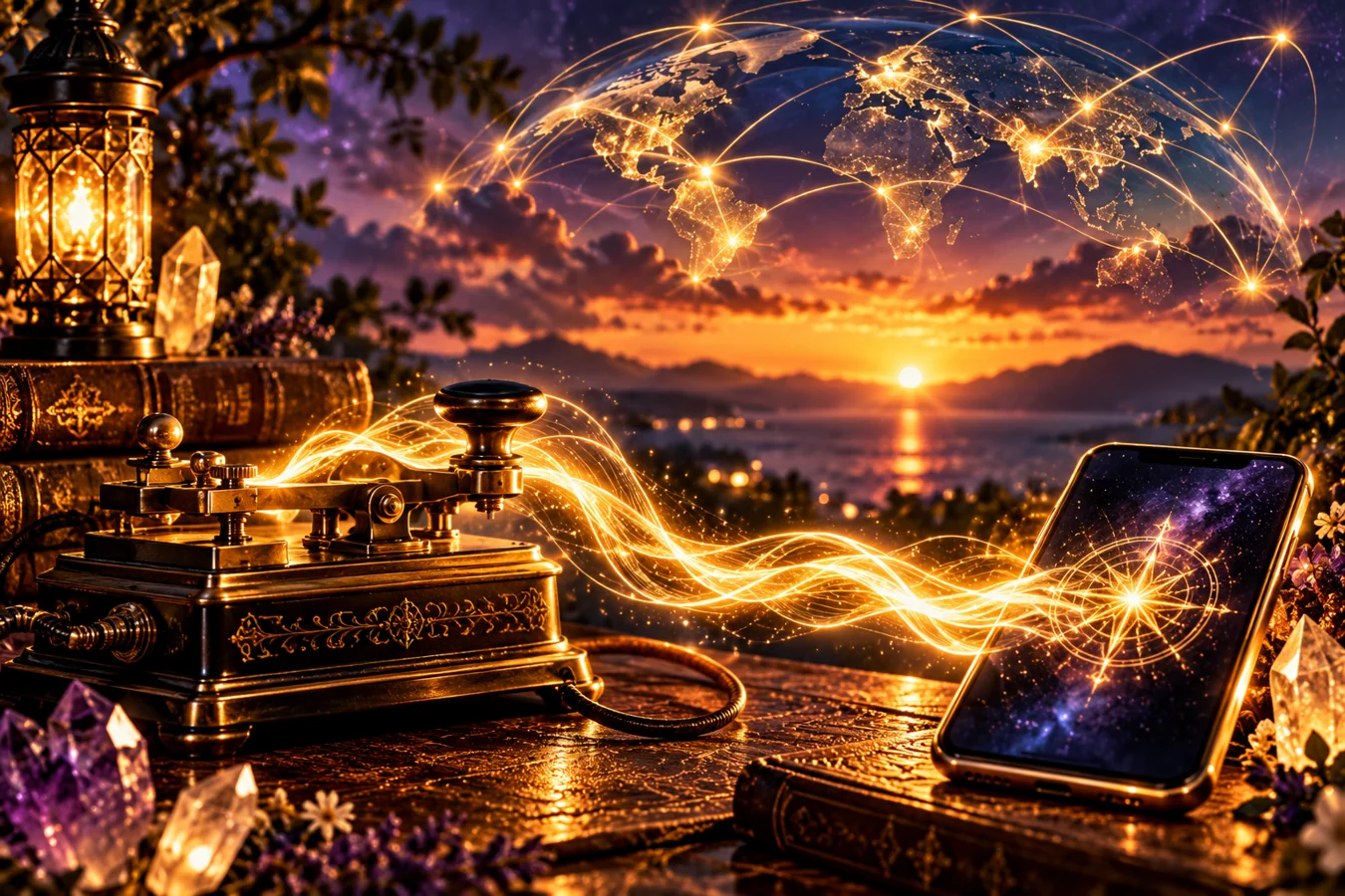 Golden energy connecting a vintage telegraph and a modern smartphone at sunset