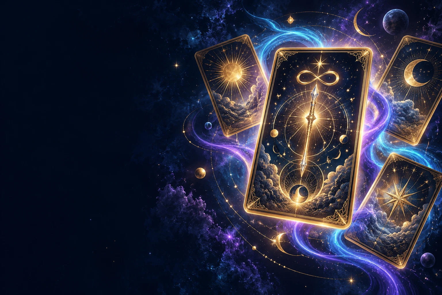 Original golden tarot cards surrounded by luminous violet and blue energy