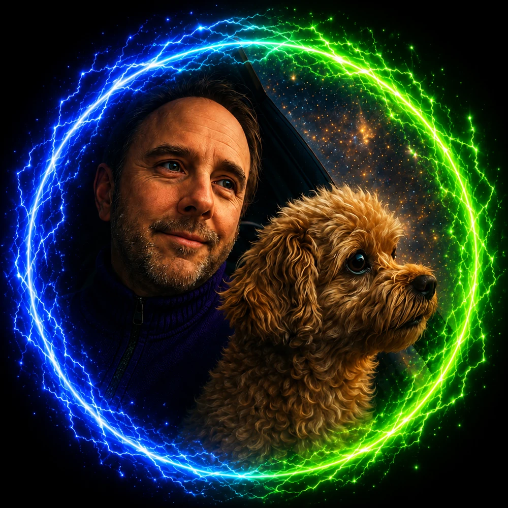 Paul with LuLu, surrounded by a colorful ring of light