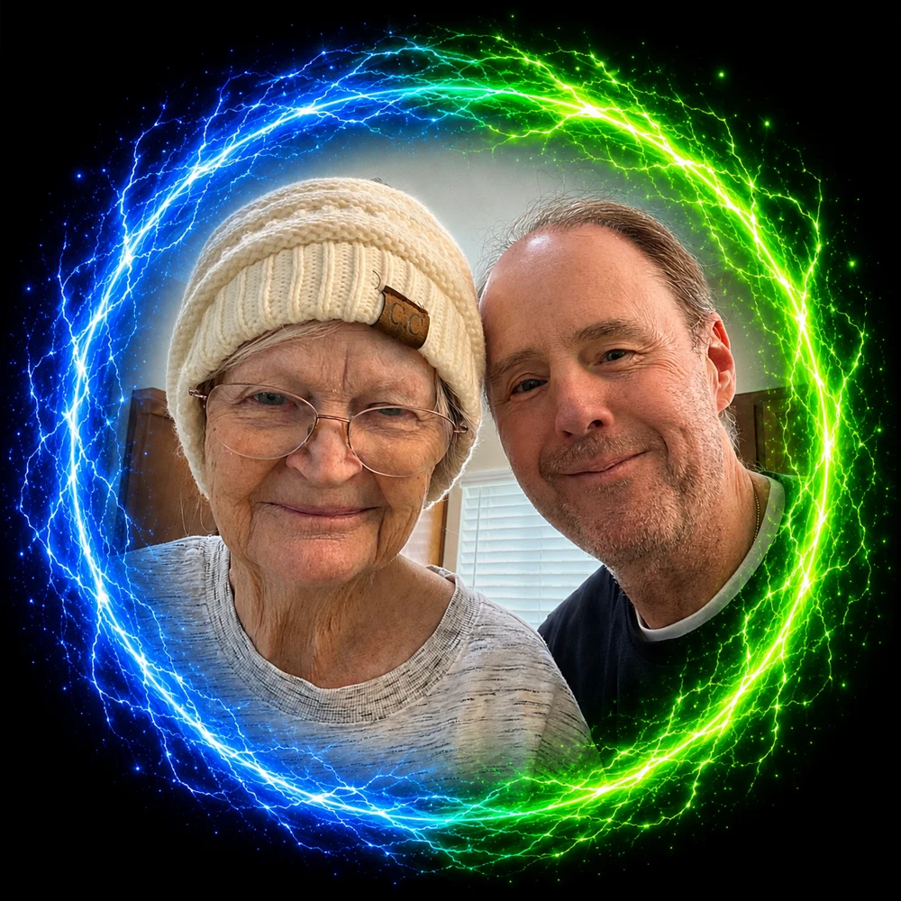 Paul with his mom, surrounded by a colorful ring of light